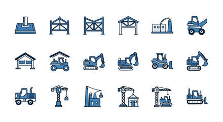 A collection of stylized blue and white vector icons showcasing various construction and industrial elements, including heavy machinery, building structures, and factory equipment. © Rayi