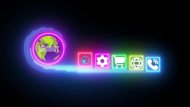 Logout interface with a glowing earth displaying the word LOGOUT and a row of neon digital symbols for settings shopping communication and global