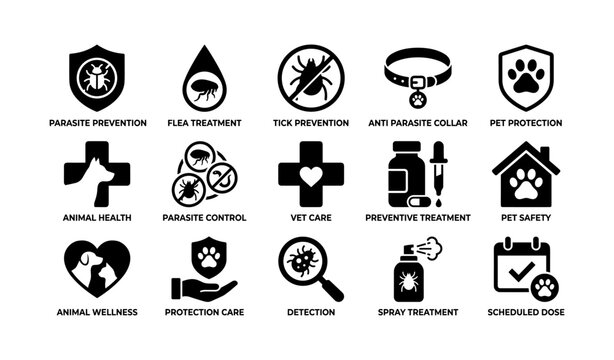 Comprehensive animal health icons depicting parasite prevention and pet protection tools