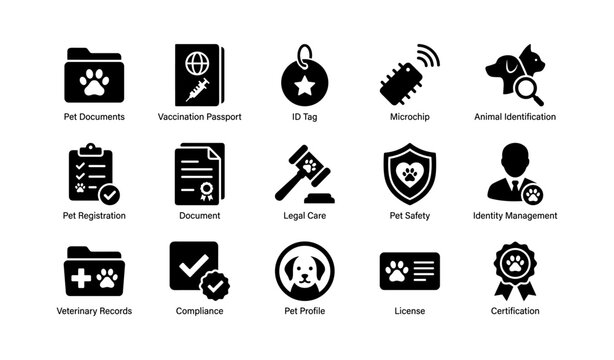 Pet identification and management icons: microchip, id tag, veterinary records, legal care, certification
