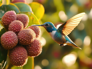 Fototapeta premium Hummingbird bird nectar tropical nature flying garden flower wildlife summer fruit beak feather colorful blossom bloom outdoor sunlight green leaf wing hovering feeding rainforest ecosystem