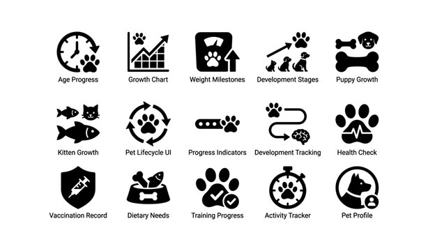 Pet development icons: growth chart, milestones, lifecycle, tracking, health