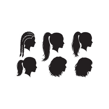 Woman head isolated black shadow shape. Flat simple vector silhouette. Hair styles variations. Braided hair  ponytale.on white background.
