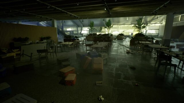 Makeshift shelter inside terminal with stacked boxes and scattered seating, dim greentinted lighting and wet floor reflections, improvised aisles between rows