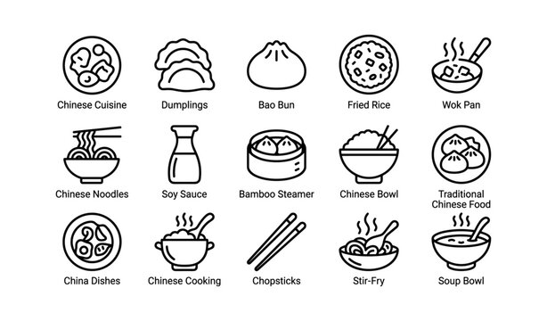 Traditional chinese cuisine icons: dumplings, bao bun, fried rice, wok pan, noodles, soy sauce