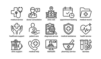 Fototapeta premium Medical service icons featuring healthcare, doctor, and telehealth symbols