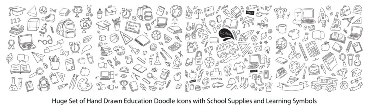 Huge Set of Hand Drawn Education Doodle Icons with School Supplies and Learning Symbols