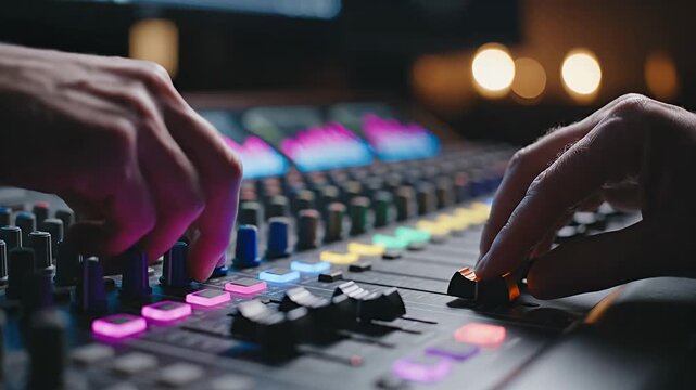 Sound engineer hands adjusting audio mixer faders in studio