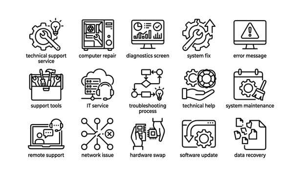 Technical support and computer repair icons for system maintenance and troubleshooting