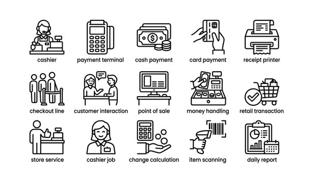 Retail icons: checkout, payment, cashier, scanner, transaction concepts