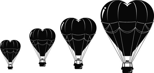 Heart shaped hot air balloons silhouette, romantic travel vector illustration, love theme artwork, aviation design concept, balloon flight symbol, growth progression, adventure journey © MdShahadot