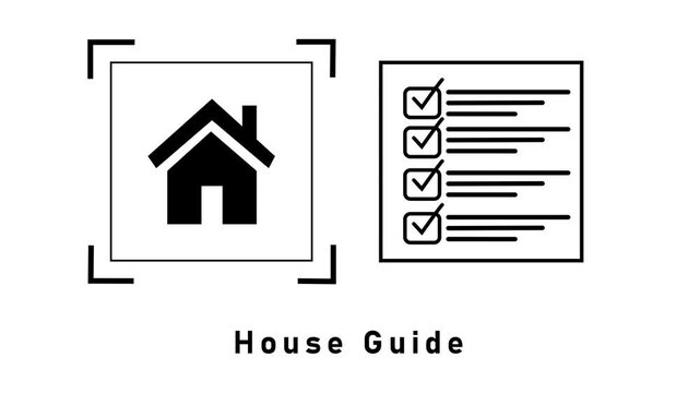 Black house within a square frame with corner brackets next to a checklist with four completed tasks and the text House Guide below on a white background
