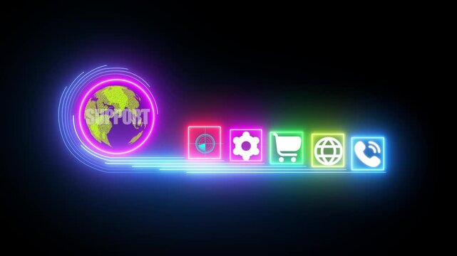 Illuminated neon digital interface with a textured earth displaying the word SUPORT and a row of five glowing for navigation settings shopping global