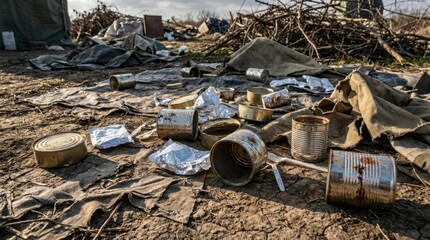 Dented Empty Ration Tins Scattered Among Debris Following Disaster