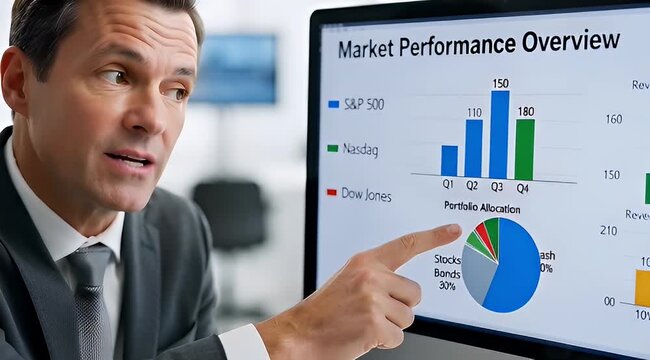 Professional financial advisor explaining market performance overview and portfolio allocation charts