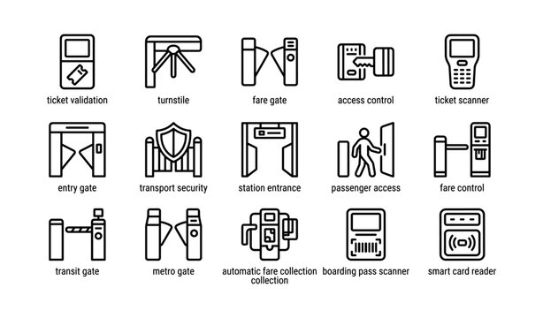 Public transit symbols: turnstile, fare gate, ticket scanner, and security icons