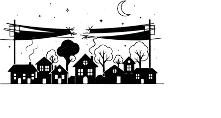 Obraz premium Silhouetted houses and trees under a starry night sky with a crescent moon