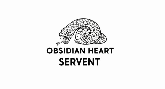 Black and white sketch of a coiled snake with fangs bared, above text