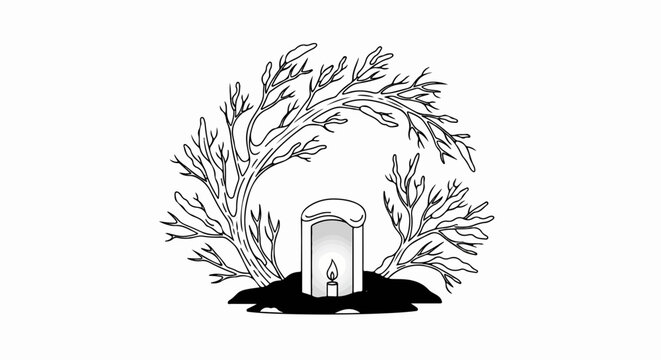 A glowing candle within a protective casing, framed by bare, twisting branches