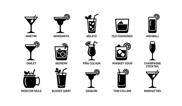 Cocktail icons: martini, margarita, mojito, old fashioned, highball, and more