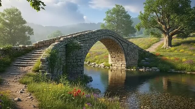 Serene Stone Bridge Over Calm River Landscape.