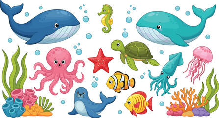 Cute Ocean Animals Collection with Whale, Octopus, Turtle, Fish, Jellyfish and Coral Cartoon Sea Life Vector Illustration Set © Minara