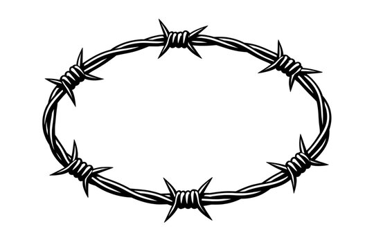 Black and white oval barbed wire frame vector image. Sharp spikes, rugged texture. Great for tattoo, punk, grunge designs. Symbolizes danger, security, boundaries, strength. Iconic and powerful, offer