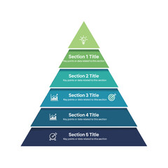 Fototapeta premium A multi-level pyramid infographic template for business presentations, showing five distinct sections with icons and text placeholders for data and key points.