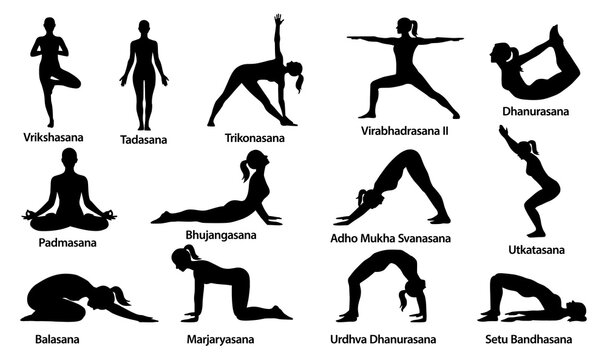 Yoga Poses Silhouettes Set. Women Yoga Asanas Collection.