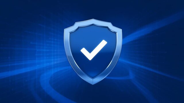 Digital Glowing Shield Icon with Validation Check Mark Symbolizing Cybersecurity and Network Protection Set Against Dark Blue Abstract Data Flow Patterns in 4K High Definition Motion Graphics