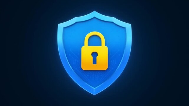 Futuristic glowing digital shield interface with central padlock icon providing robust firewall protection against cyber threats on dark navy background