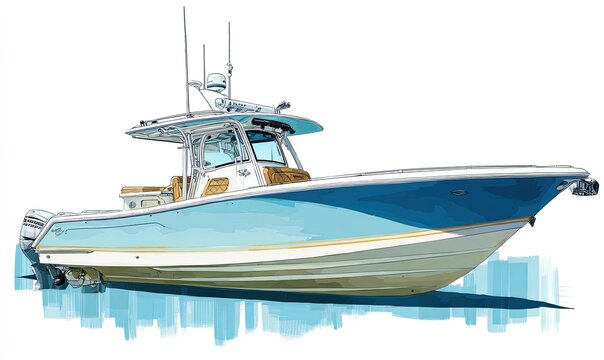 Vector illustration of a teal and white sport fishing boat with radar and outboards