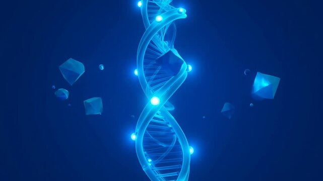 Luminous abstract digital DNA helix structure with glowing nodes and geometric elements on dark blue background representing biotechnology genetic research and molecular science evolution.