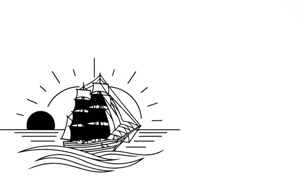 Sailing ship navigating waters at sunset with radiating sunbeams