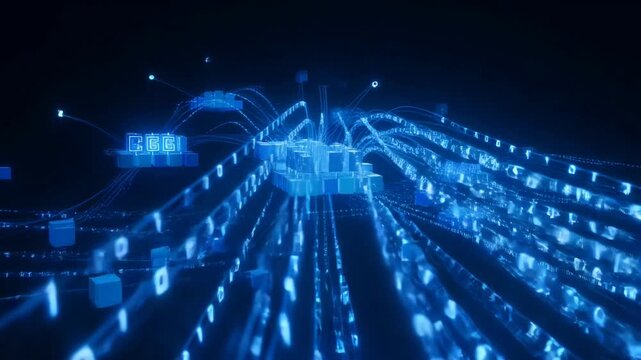 Advanced digital blockchain network visualization with glowing interconnected cubes and streaming binary code representing secure cryptocurrency transactions and global big data transfer technology.