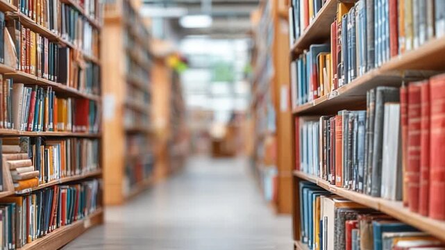 Literary Labyrinth: An inviting perspective of a library, bookshelves lining both sides of the corridor, inviting readers on a journey through knowledge and literature.