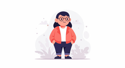 Fototapeta premium Chubby cartoon character with glasses, orange jacket, dark pants, and shoes
