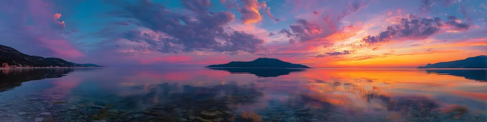 Poster Reflectie The serene beauty of a sunset over a calm lake, with vibrant colors reflected in the water  © Mateusz