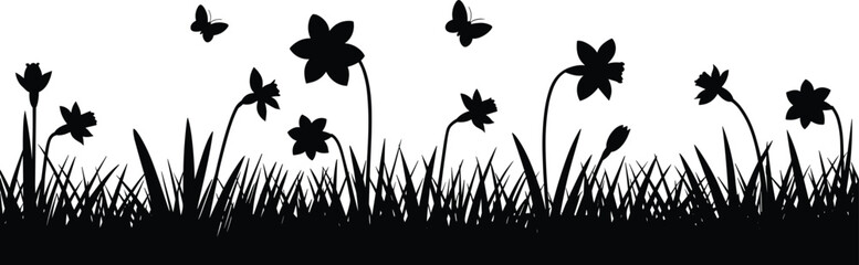 Flower and grass silhouette border with butterflies, blooming meadow plants and wildflowers, black botanical nature landscape isolated on white background, decorative vector illustration. © Itz Jisan