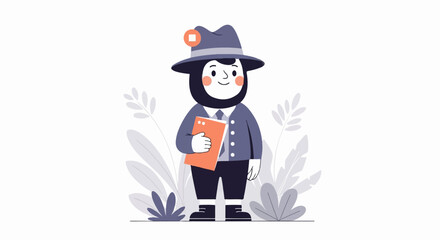 A whimsical, stylized character in a hat and suit holds an orange folder