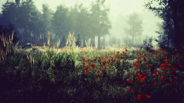 Foggy poppy meadow with reeds soft light mutes colors dew crowns stems subtle paths weave through blooms ideal for impressionist landscape studies