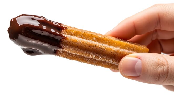 A hand holding a churro dipped in chocolate sauce on a white background from a close-up view