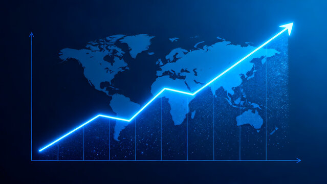 Blue glowing world map with upward arrow