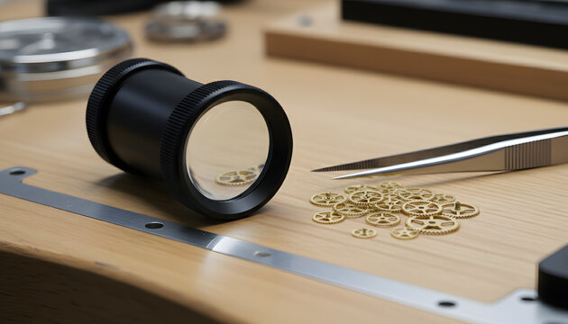 Watchmaker's tools and clock parts on workbench