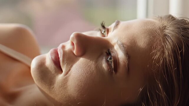 Cinematic slow motion close-up of a serene young woman gently opening and closing her eyes in soft natural light, symbolizing awakening, peace