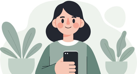 A smiling person holding a smartphone, framed by potted plants and abstract shapes