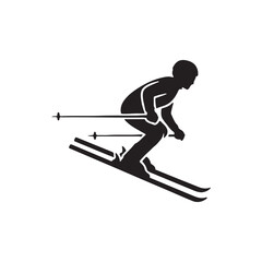 Vector simple skiing person silhouette shadow shape  flat black icon isolated on white background.