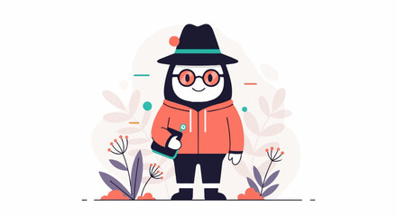A cartoon figure in a hat, glasses, and hoodie holds a device amidst abstract floral designs