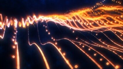 Yellow energy glowing magic stripes waves lines high technology digital with light beams from energy particles. Abstract background © Bolbik