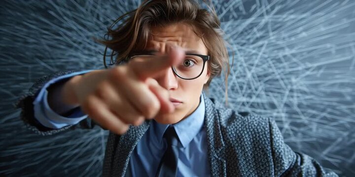 Professional analyst pointing finger toward a single clear direction in a modern office
